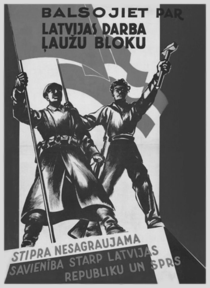 Grafisch gestaltetes Plakat mit zwei stilisierten Figuren, einem Soldaten mit einfarbiger Fahne und einem Arbeiter mit lettischer Fahne, und Aufschrift. 